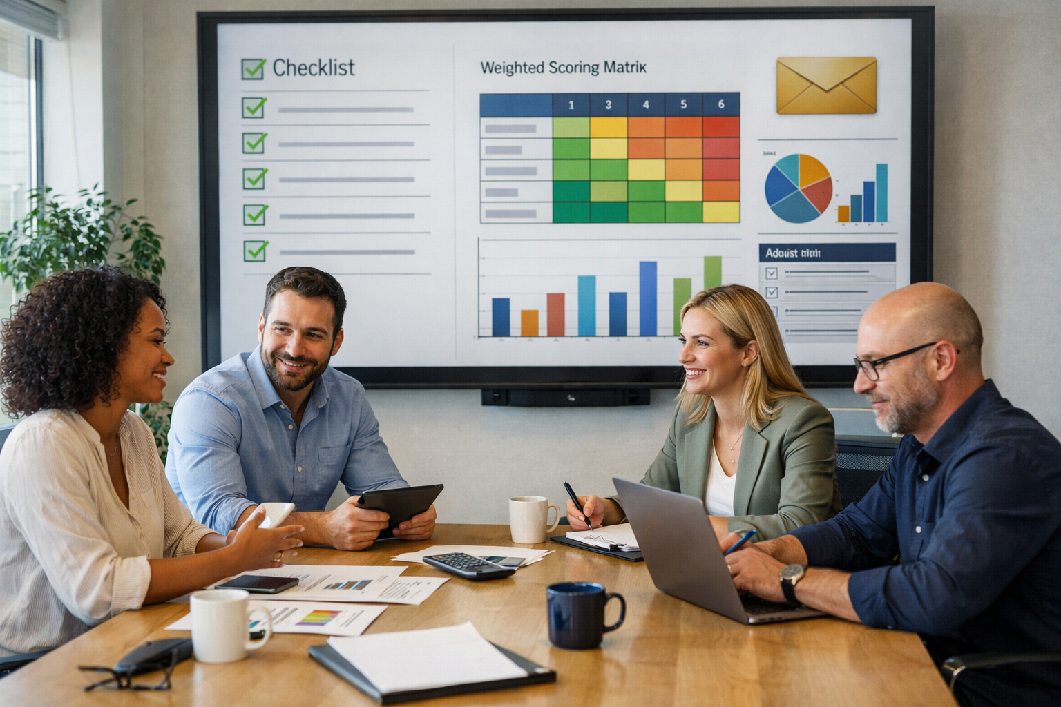 Procurement team creating a tender with structured criteria and a scoring matrix