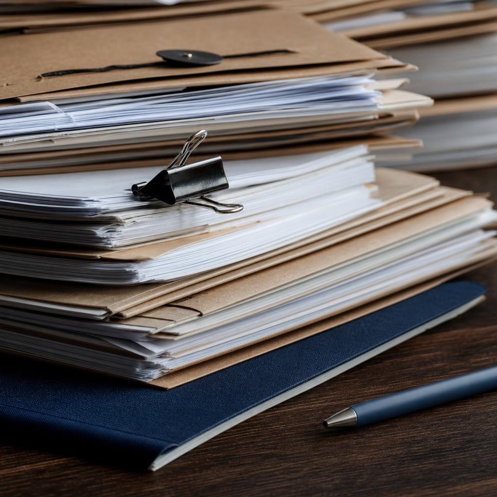 Stacked procurement forms and folders on a wooden table