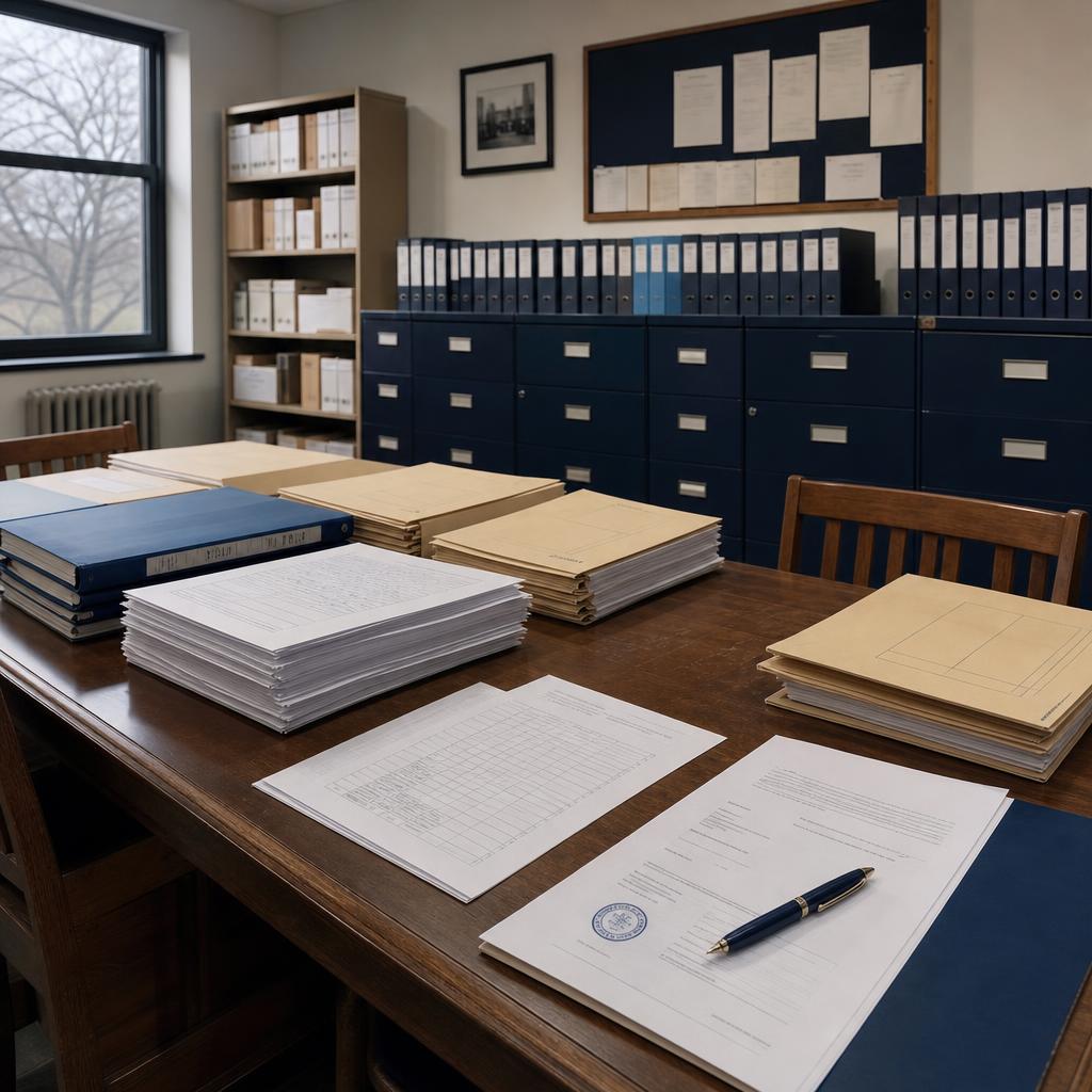 Empty records room with procurement folders and scoring sheets