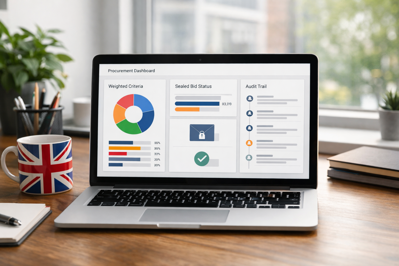 UK supplier vetting dashboard showing weighted criteria, sealed bids and an audit trail timeline