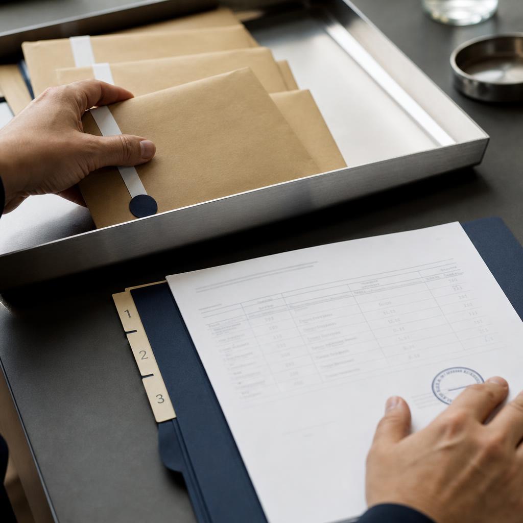 Hands sorting sealed bid envelopes and scoring sheets