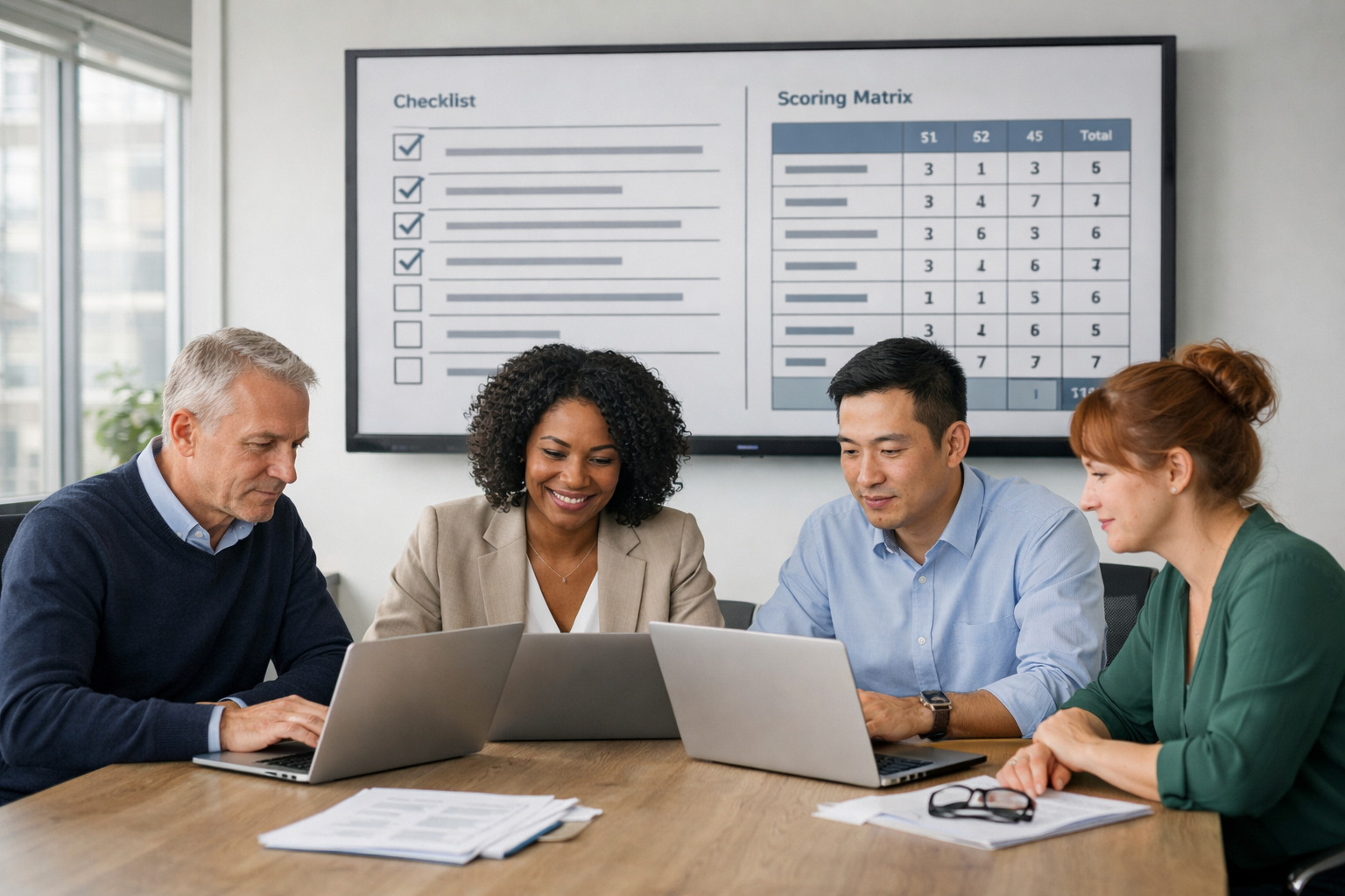 Procurement team reviewing a structured tender bid with scoring matrix on screen