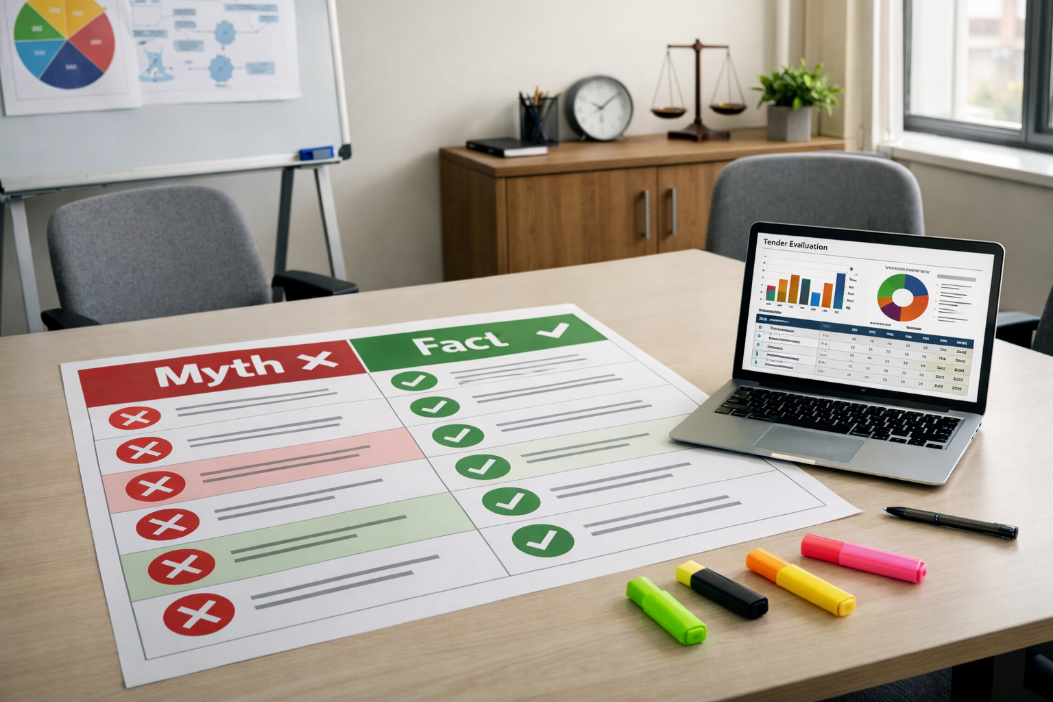 Team reviewing a myth vs fact table for tender writing alongside a structured evaluation dashboard