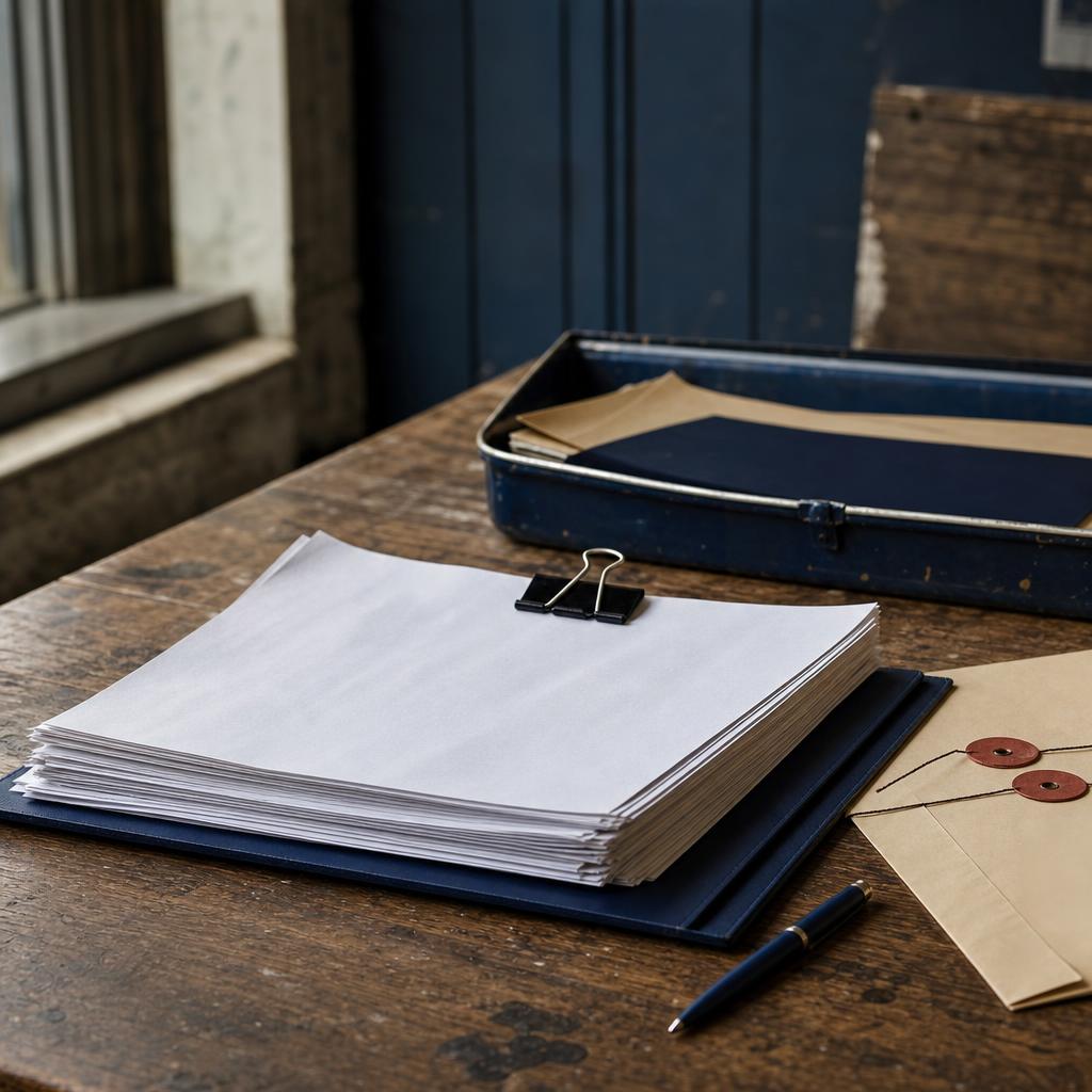 Printed tender papers clipped on a wooden table