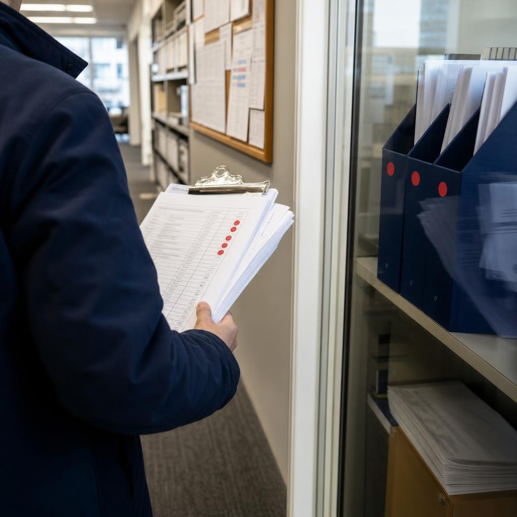 Cropped procurement staffer carrying supplier evaluation papers