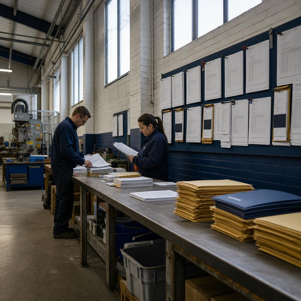 Procurement staff sorting RFQ envelopes in workshop office