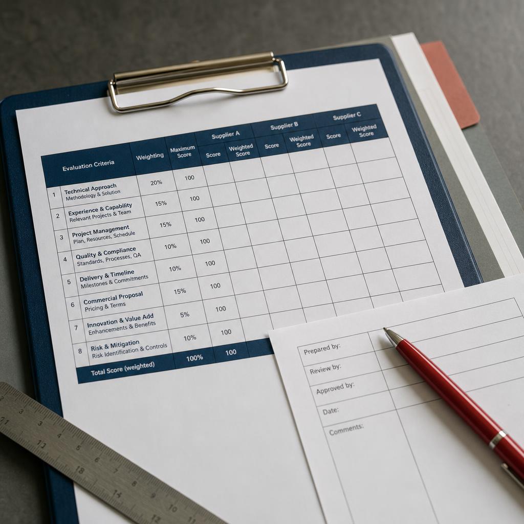 Printed bid evaluation matrix on clipboard